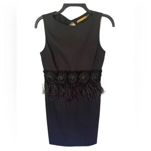 Alice+Olivia Marigay Rosette Shift‎ Black Feather Mini Cocktail Dress Size 2